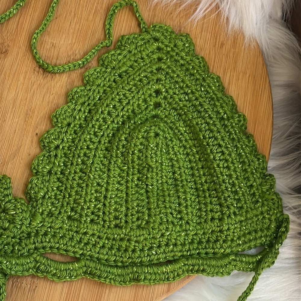 Handmade Cropped Top Crochet Bikini Green Metallic Festival Fashion Small - Picture 4 of 8